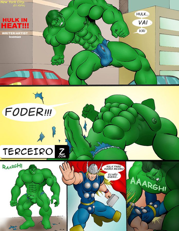 Vingadores Gay: Hulk está descontrolado, nem mesmo Thor consegue lutar contra ele, tanto que é o primeiro a sucumbir