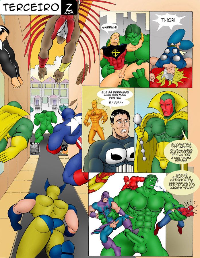 Vingadores Gay: Hulk está descontrolado, nem mesmo Thor consegue lutar contra ele, tanto que é o primeiro a sucumbir